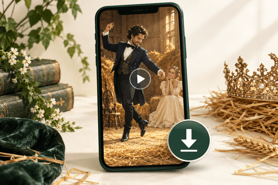 AI-generated tutorial illustration of a dance clip on a phone with a download arrow