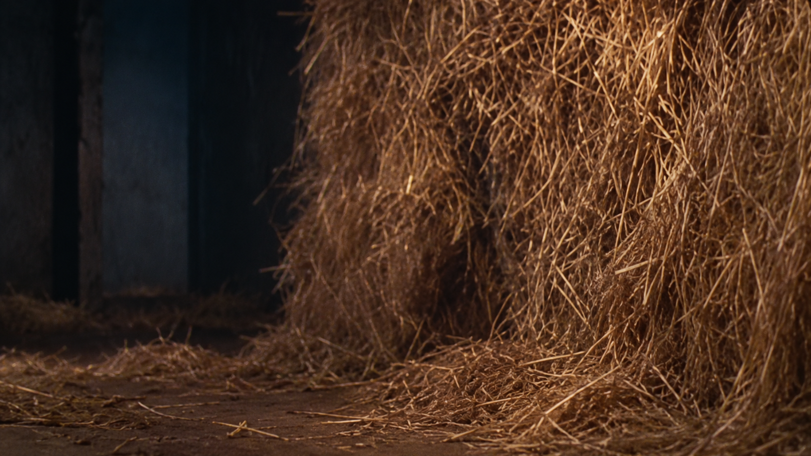 Fixed scene reference with a straw wall, a dark recess on the left and loose straw on the floor